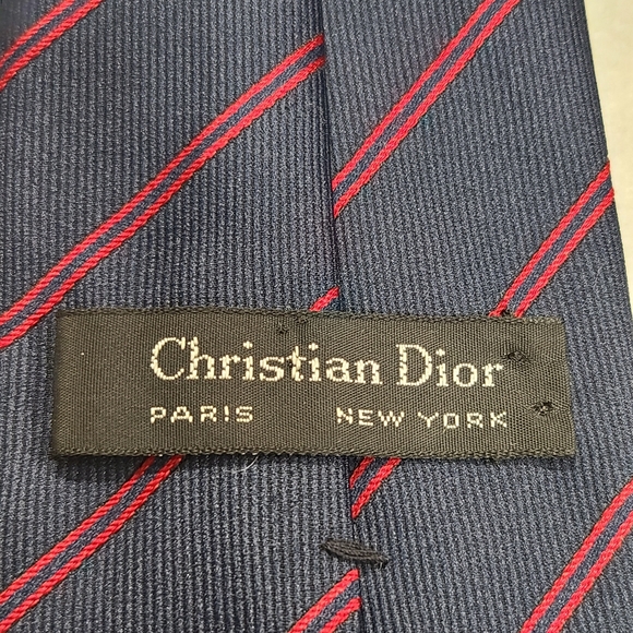 Vintage Christian Dior Navy & Red Striped Logo Tie - Picture 2 of 4